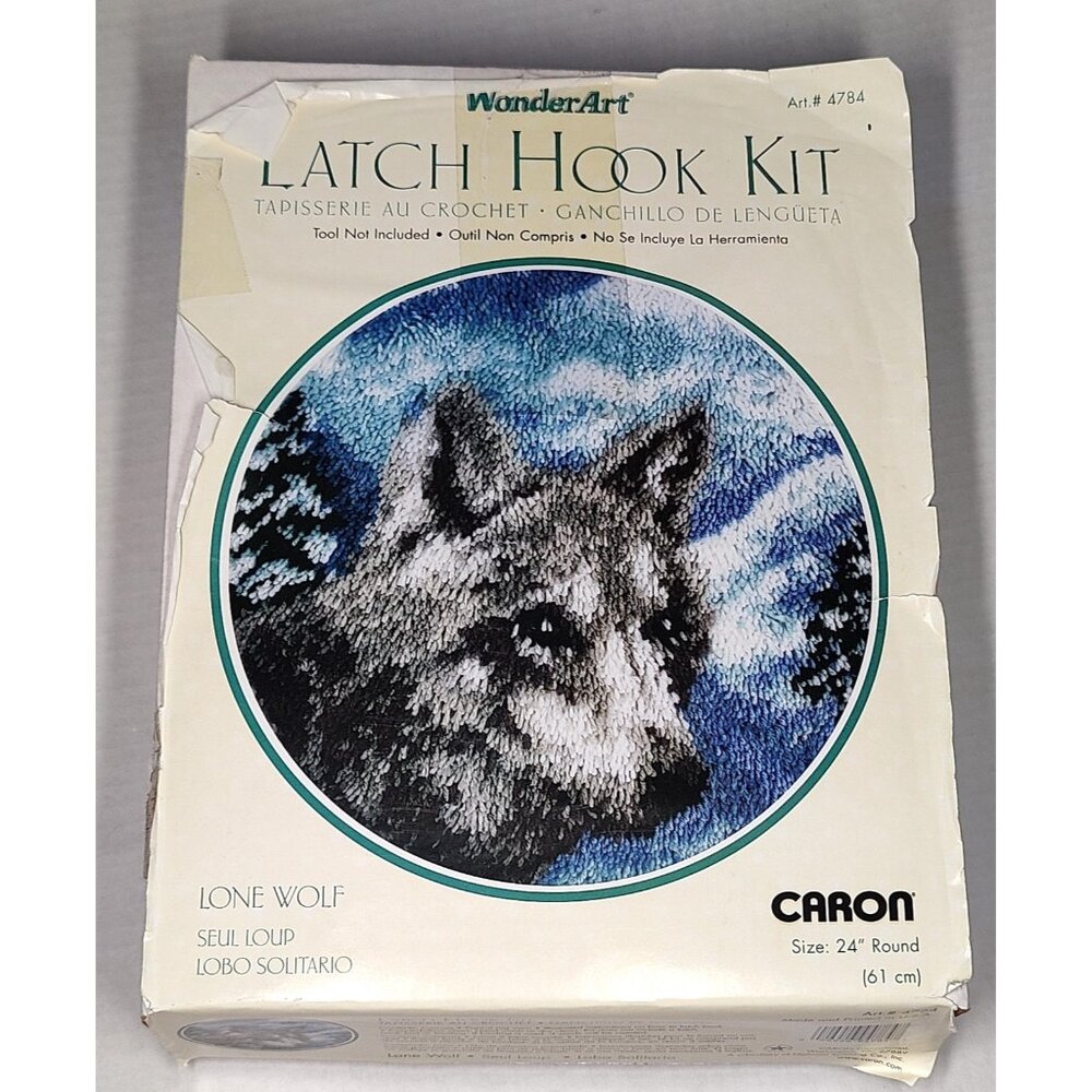 Caron 4784 Lone Wolf Latch Hook Kit PARTIALLY COMPLETED + SUPPLIES TO FINISH